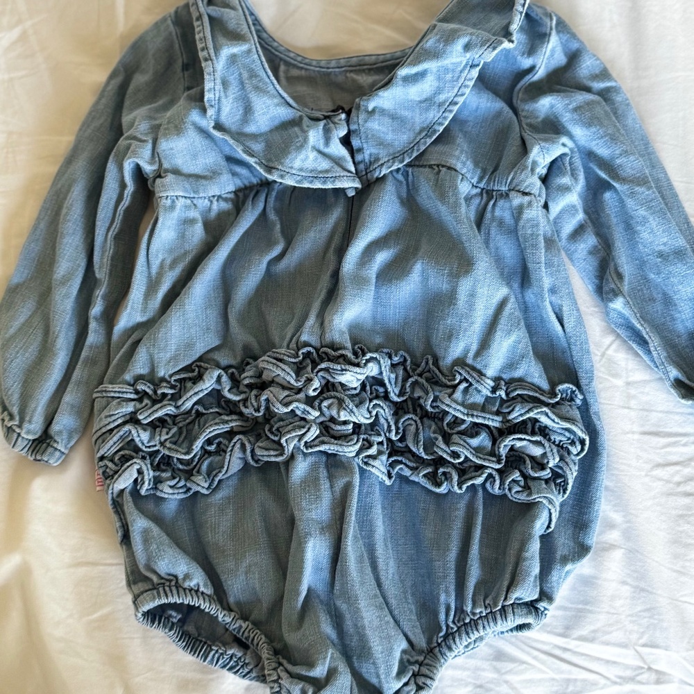 RuffleButts Ruffle Denim Bubble Romper & Tights Set